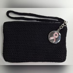 The Sak Black Crochet Wristlet with Pink Breast Cancer Charm EUC